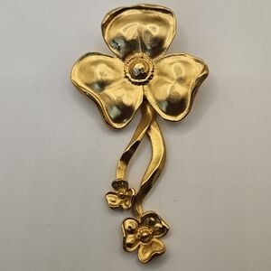 Articulated Floral Dangle Brooch Vintage Satin Gold Tone Moving Stem Flower 3.5”